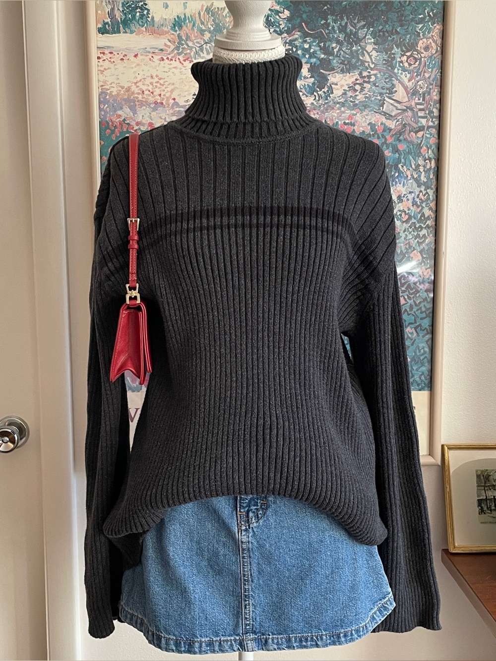 Calvin Klein Turtleneck Sweater Women's Large Gray Ribbed Knit Minimalist Y2K